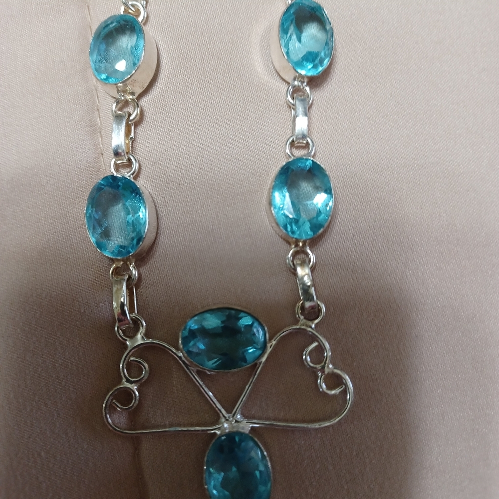 Blue and Silver Asymmetrical Beaded Necklace Blue Topaz Real Gemstones - Picture 3 of 8